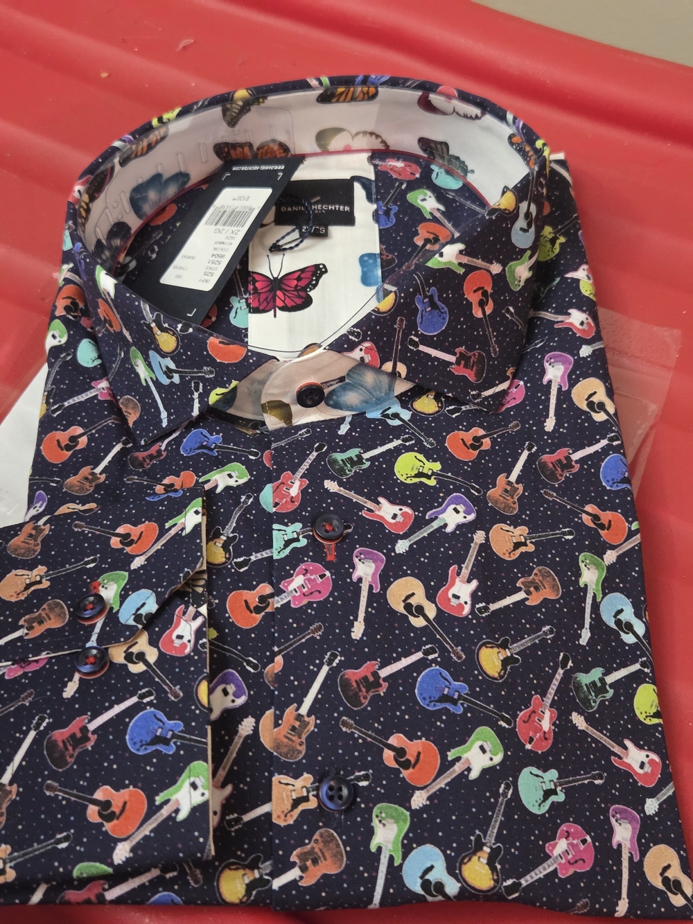 NEW WITH TAGS Daniel Hechter Navy Button-Down Shirt with Multicolor Guitar Print